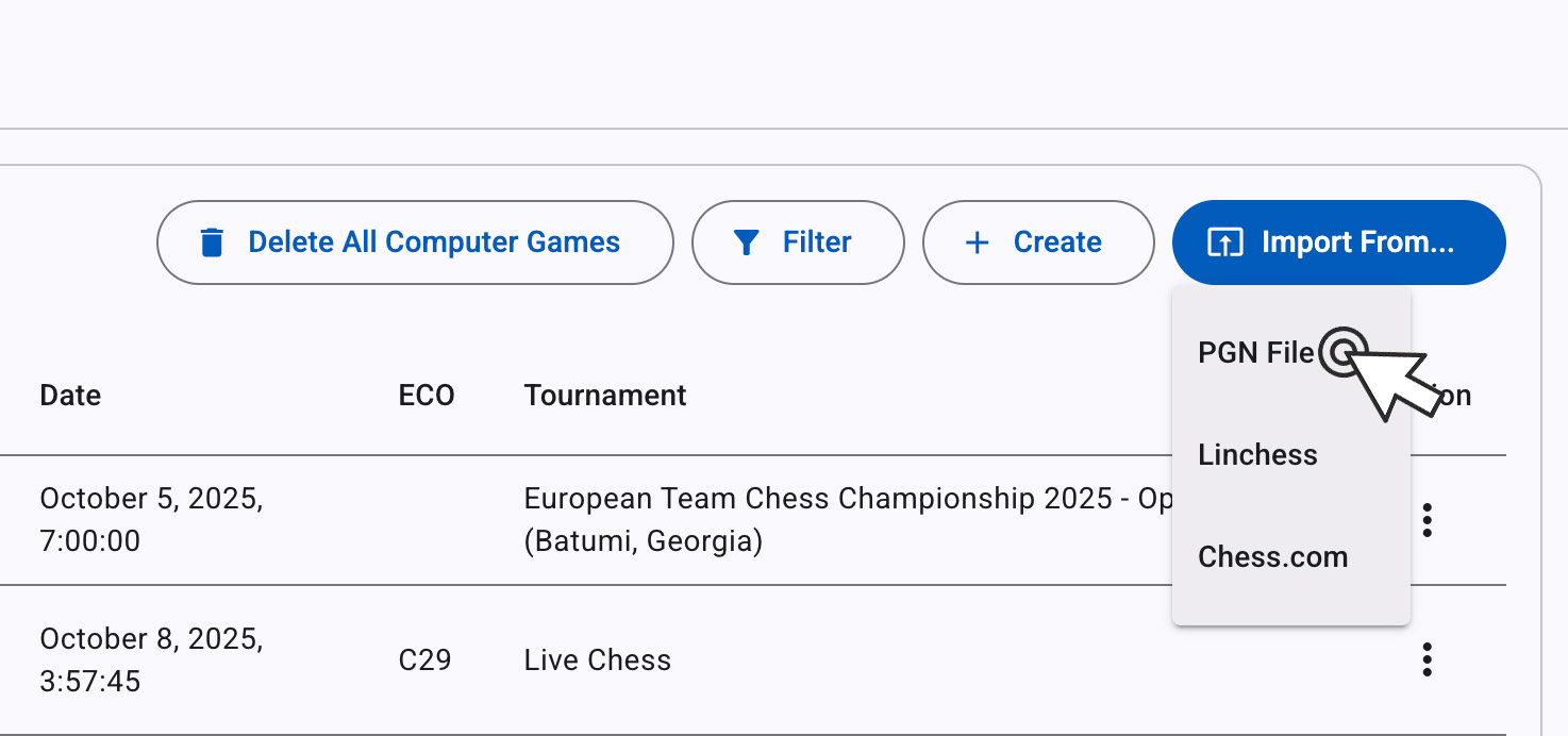 Click Import from PGN button in AQChess
